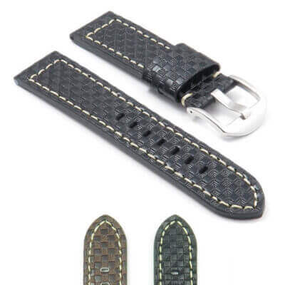 Azure Carbon Fiber Leather Strap by DASSARI, available in 18mm, 20mm, 22mm, 24mm, and 26mm sizes. Upgrade your watch with this stylish and durable leather strap