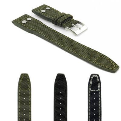 Crossover Nylon Strap with Rivets by DASSARI. Durable nylon material, available in 20mm, 21mm, and 22mm sizes. Perfect for enhancing your watch's style and comfort