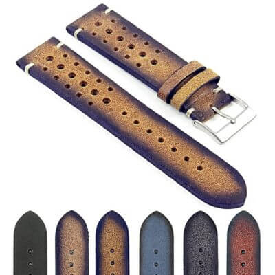 Vintage leather rally strap by DASSARI, featuring a perforated design. Available in sizes 18mm, 20mm, 22mm, and 24mm. Perfect for adding style to any watch