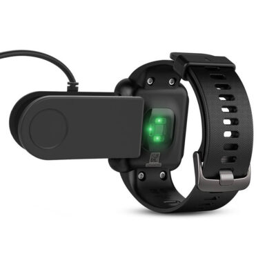 Charger for Garmin Forerunner 35, 230, 235XT, 630, 735XT, and Approach S20, featuring a sleek design with a secure connection and LED indicator for charging status