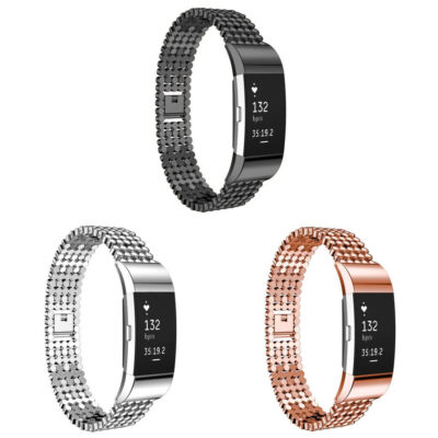 Beaded stainless steel watch bands for Fitbit Charge 2 in three stylish colors: black, silver, and rose gold. Perfect for adding elegance to your fitness tracker