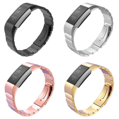 Stylish stainless steel bands for Fitbit Charge 2, available in black, silver, rose gold, and gold. Perfect for adding a touch of elegance to your fitness tracker