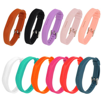 Colorful silicone sport straps for Fitbit Flex 2, available in various shades including black, orange, pink, and teal. Perfect for a stylish and comfortable fit during activities