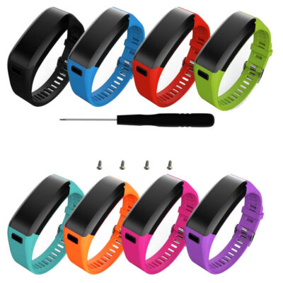 A vibrant collection of Active Bands for Garmin Vivosmart HR in various colors, including black, blue, red, green, orange, and purple, along with a tool and screws for easy installation