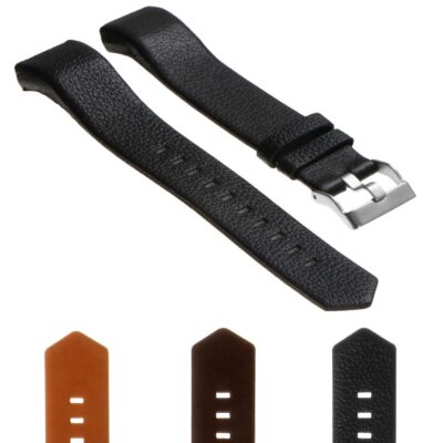 Everyday Leather Strap for Fitbit Charge 2 in black, featuring a textured finish and silver buckle. Also available in brown, perfect for a stylish upgrade to your fitness tracker