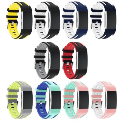 A vibrant collection of Racing Stripe Rubber Bands for Fitbit Charge 2, featuring various colors including yellow, black, navy, red, and pink, perfect for a sporty look