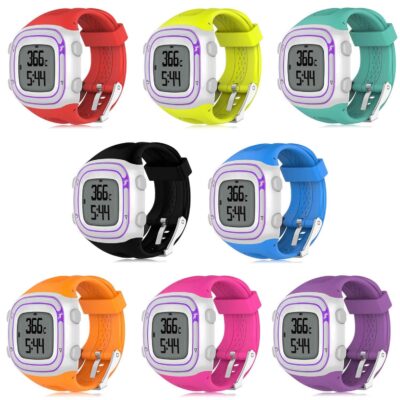 Colorful Active Bands for Garmin Forerunner 10/15, featuring vibrant options like red, orange, pink, purple, blue, green, and black. Perfect for style and comfort during workouts