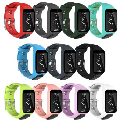 A colorful collection of replacement straps for TomTom Runner 2 & 3 watches, featuring various vibrant colors like red, green, blue, and pink for a customizable look