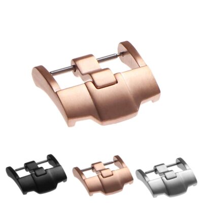 Heavy Duty Buckle for AP available in 20mm, 22mm, and 24mm sizes. Features a robust design with options in black, rose gold, and silver finishes for a stylish look