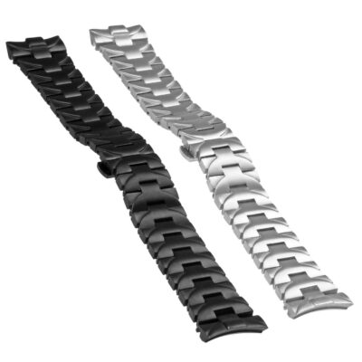 Heavy Duty Stainless Steel Watch Band with Hidden Clasp in black and silver. Durable 24mm metal straps perfect for a stylish and secure watch accessory. Ideal for any occasion