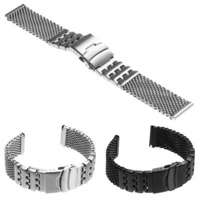 Heavy Duty Shark Mesh Strap with Block Links in metal, available in sizes 20mm, 22mm, 24mm, and 26mm. Features a durable design for a stylish and secure fit