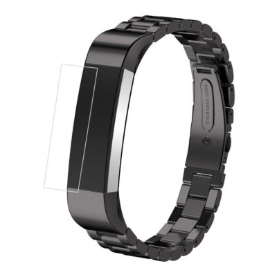 Screen protector designed for Fitbit Alta and Alta HR, shown on a sleek black metal band, providing essential protection against scratches and damage