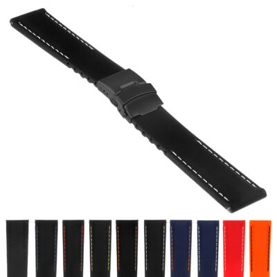 Rubber watch strap with stylish stitching and a matte black clasp. Available in sizes 18mm, 20mm, 22mm, and 24mm. Perfect for enhancing your watch's look. Quick release feature for easy swapping