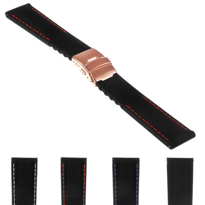 Rubber watch strap featuring stylish stitching and a rose gold clasp. Available in sizes 18mm, 20mm, 22mm, and 24mm with a convenient quick-release design