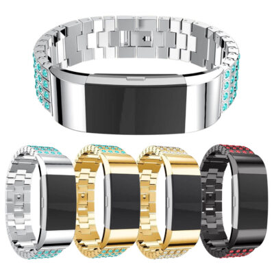 Stylish Metal Rhinestone Strap for Fitbit Charge 2 featuring a sleek design and vibrant rhinestones. Available in silver, gold, black, and colorful options to enhance your smartwatch