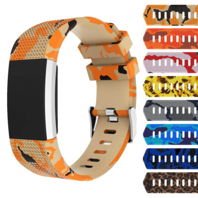 Patterned Rubber Strap for Fitbit Charge 2 features a vibrant orange camo design. Perfect for adding style and comfort to your fitness tracker. Available in multiple colors