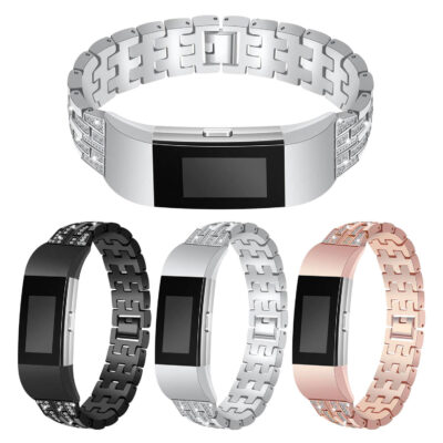 Stylish Metal Rhinestone Band for Fitbit Charge 2, featuring a sleek design with shimmering rhinestones. Available in black, silver, and rose gold for a chic look