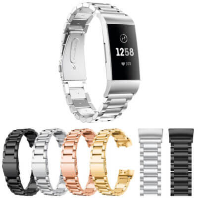 Stainless steel strap for Fitbit Charge 4 and Charge 3, available in multiple colors including silver, black, gold, and rose gold. Stylish and durable for everyday wear