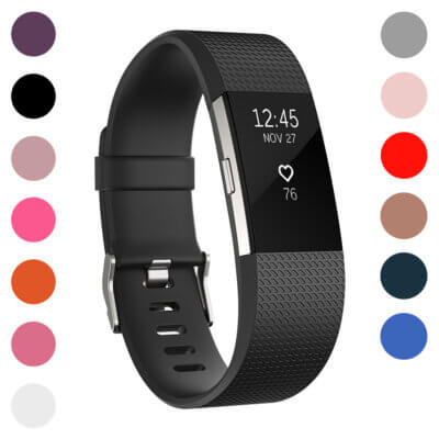 Active Band for Fitbit Charge 2 in black rubber, featuring a textured design. Compatible with Fitbit Charge 2 and available in various colors