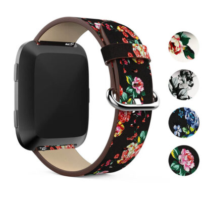 Elegant leather strap featuring vibrant peonies, designed for Fitbit Versa and Versa 2. Upgrade your smartwatch with this stylish floral accessory from Ele Straps