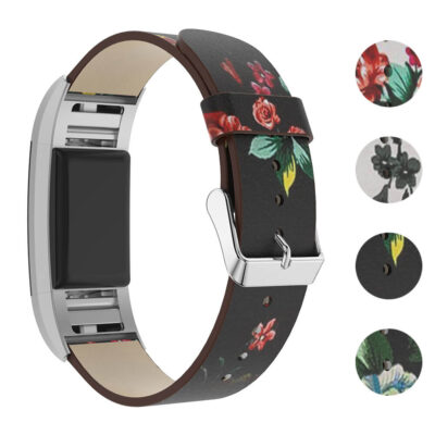 Stylish Leather Strap with Peonies for Fitbit Charge 2, featuring a floral design on durable leather. Perfect for enhancing your fitness tracker with elegance