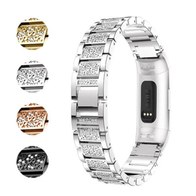 Elegant Pave Bracelet designed for Fitbit Charge 4 and Charge 3. Features a stylish silver finish with intricate detailing, perfect for adding a touch of glamour to your fitness tracker