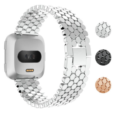 Octagon Link Band for Fitbit Versa & Versa 2. Stylish silver watch strap featuring a unique octagon design. Perfect for upgrading your smartwatch accessories. Available in multiple colors