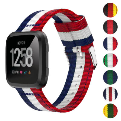 Striped Nylon Strap for Fitbit Versa & Versa 2, featuring a vibrant red, white, and blue design. Perfect for adding style to your fitness tracker. Durable and comfortable for everyday wear