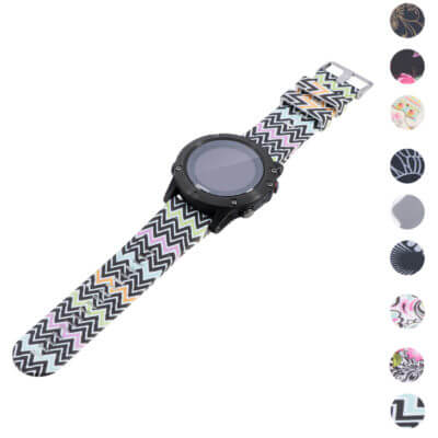 A stylish watch featuring a black case and a colorful zigzag patterned strap. The design combines modern aesthetics with a playful touch, perfect for casual wear