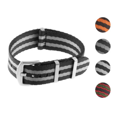 Discover the Seat Belt Bond Strap, crafted from durable nylon. Available in sizes 18mm to 24mm, this stylish watch band features a unique striped design for a modern look