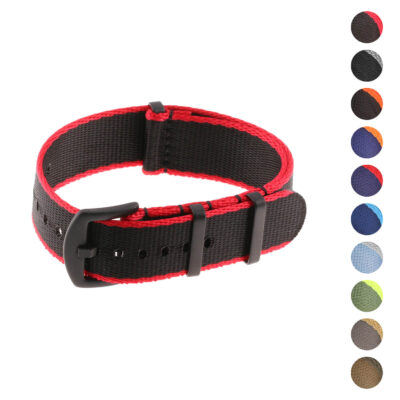 Nylon Stripe Edge Seat Belt Strap with black hardware, available in sizes 18mm, 20mm, 22mm, and 24mm. A stylish and durable watch band for any occasion