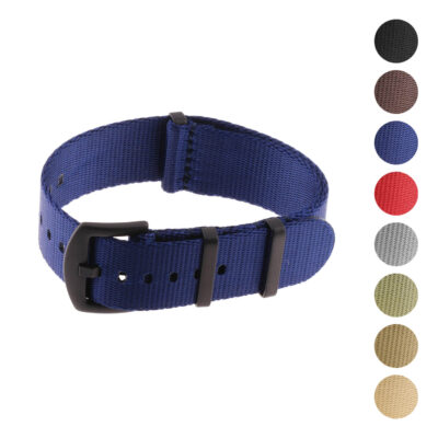 Nylon Seat Belt Strap with Black Hardware available in sizes 18mm, 20mm, 22mm, and 24mm. Perfect for adding style and durability to your watch. Explore various colors!