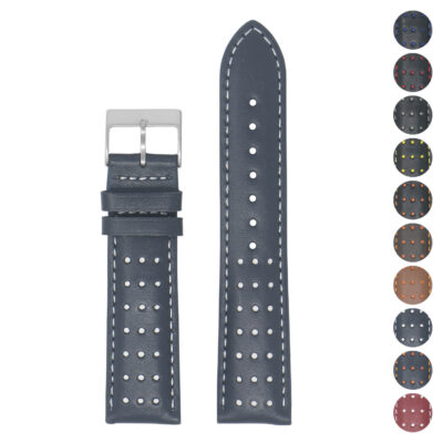 Perforated Leather Racing Strap by DASSARI, available in 18mm, 20mm, 22mm, and 24mm sizes. Stylish and durable leather watch band for a sporty look. Perfect for any watch enthusiast