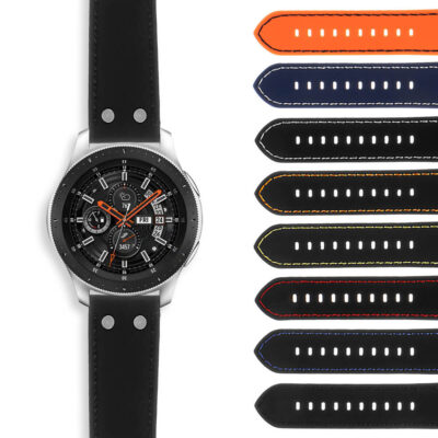 Active Aviator Strap for Samsung Galaxy Watch (46mm) in silver, featuring a sleek black design and 22mm size. Includes a variety of colorful strap options for customization