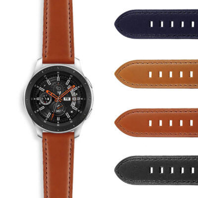 Classic Leather Strap for Samsung Galaxy Watch, available in 20mm and 22mm sizes. Features a stylish brown strap alongside options in navy, orange, and black for a versatile look