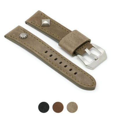 Shop the Vintage Military Rivet Strap in durable leather. Available in 20mm, 22mm, and 24mm sizes, this stylish watch band adds a rugged touch to any timepiece