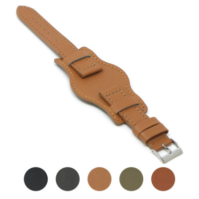 Leather Military Bund Strap by DASSARI in tan, available in 18mm, 20mm, 22mm, and 24mm sizes. Durable leather watch band perfect for a stylish, rugged look