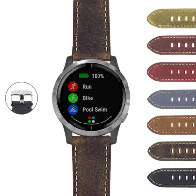 Vintage Leather Strap for Garmin Vivoactive 4, featuring a stylish design and durable materials. Upgrade your smartwatch with this premium, comfortable strap for everyday wear