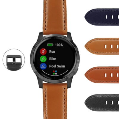 Classic Leather Strap for Garmin Vivoactive 4, featuring a stylish brown design. Upgrade your smartwatch with this durable and comfortable band, perfect for any activity