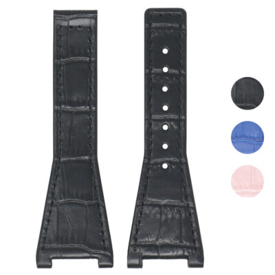 Croc Embossed Strap for Omega Constellation Quadra, 28mm. Stylish black leather watch band designed for durability and elegance. Perfect accessory for your luxury watch collection