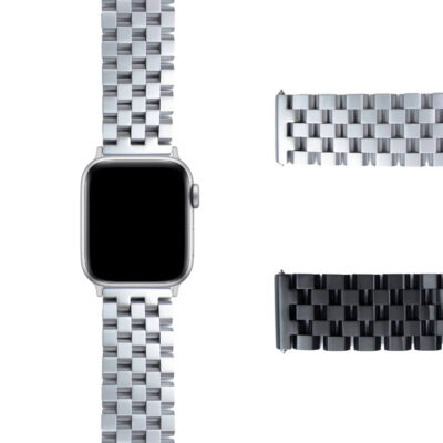 Super Engineer Bracelet for Apple Watch in silver and black. Available in sizes 38mm, 40mm, 42mm, and 44mm. Stylish and durable watch band for any occasion