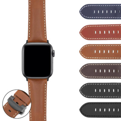 DASSARI Smooth Leather Strap with Black Deployant Clasp for Apple Watch, available in sizes 38mm, 40mm, 42mm, and 44mm. Features a stylish brown finish and multiple color options