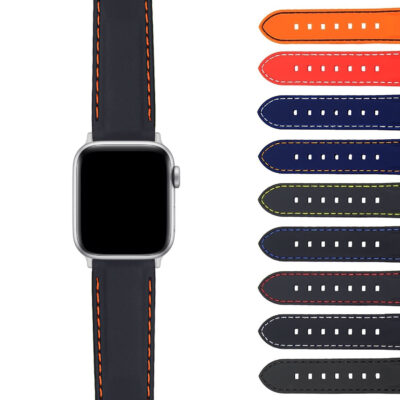 Active Stitch Band for Apple Watch available in sizes 38mm to 49mm. Stylish black band with vibrant stitching options, perfect for enhancing your smartwatch's look and comfort