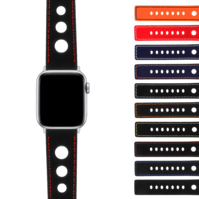 Rally Strap for Apple Watch in black with red stitching. Available in sizes 38mm, 40mm, 42mm, and 44mm. Features a sporty design with multiple color options displayed alongside