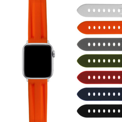 RuggedGrip Band for Apple Watch in vibrant orange. Available in sizes 38mm, 40mm, 41mm, 42mm, 44mm, 45mm, and 49mm. Perfect for style and durability. Shop now at Ele Straps!