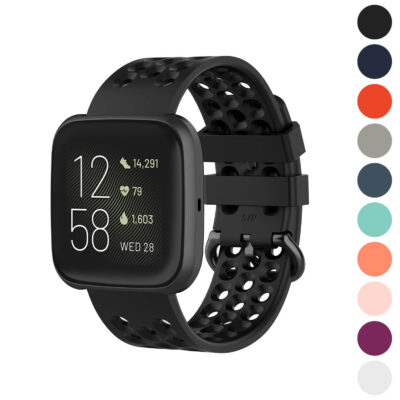 Perforated silicone strap for Fitbit Versa & Versa 2, offering breathability and comfort. Available in multiple colors, it's perfect for workouts and daily wear. Upgrade your style!