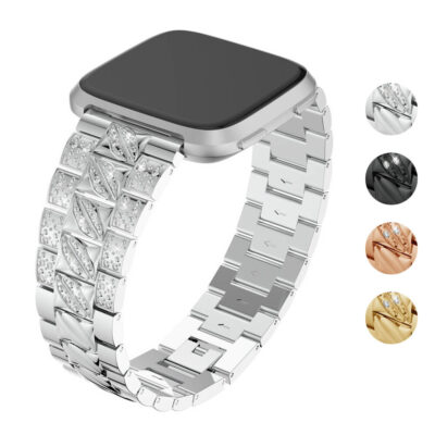 Rhinestone Embedded Bracelet for Fitbit Versa & Versa 2, featuring a stylish silver design with sparkling rhinestones. Upgrade your watch with this elegant accessory from Ele Straps