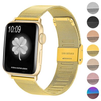 Milanese Mesh Band for Apple Watch in gold, compatible with 38mm, 40mm, 41mm, 42mm, 44mm, and 45mm sizes. Stylish, adjustable, and perfect for any occasion. Shop now!