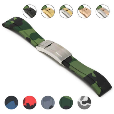 Camo Rubber Replacement Strap for Rolex Submariner in 20mm and 21mm sizes. Durable rubber material with a stylish camo design, perfect for enhancing your watch's look