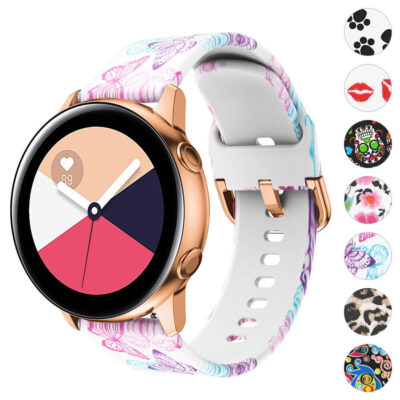 Colorful Design Active Band for Samsung Galaxy Watch Active2, Gear Sport, and Gear S2 Classic, featuring a 20mm size with vibrant butterfly patterns. Perfect for stylish wear